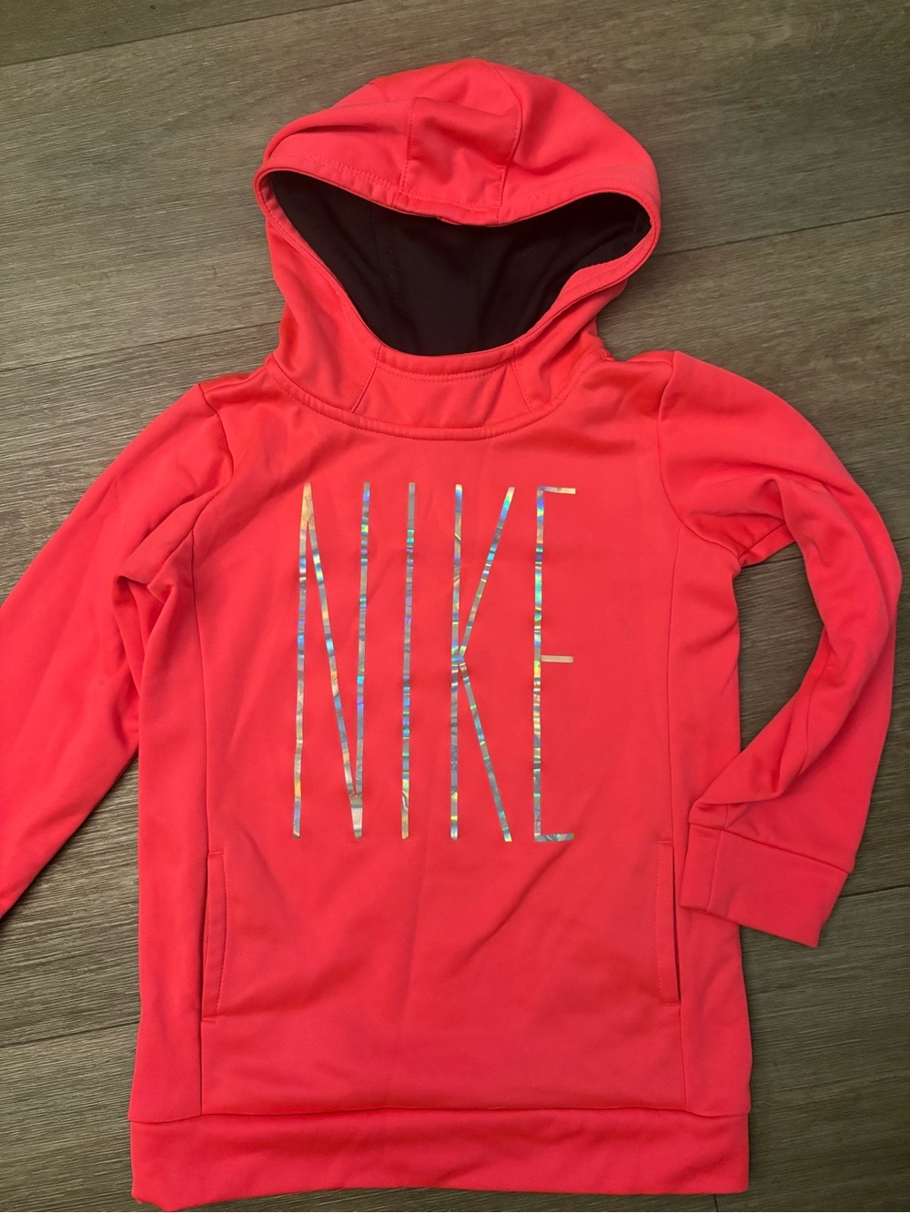 Nike Girls Dri-FIT Coral Pink Iridescent Logo Hoodie Size 6